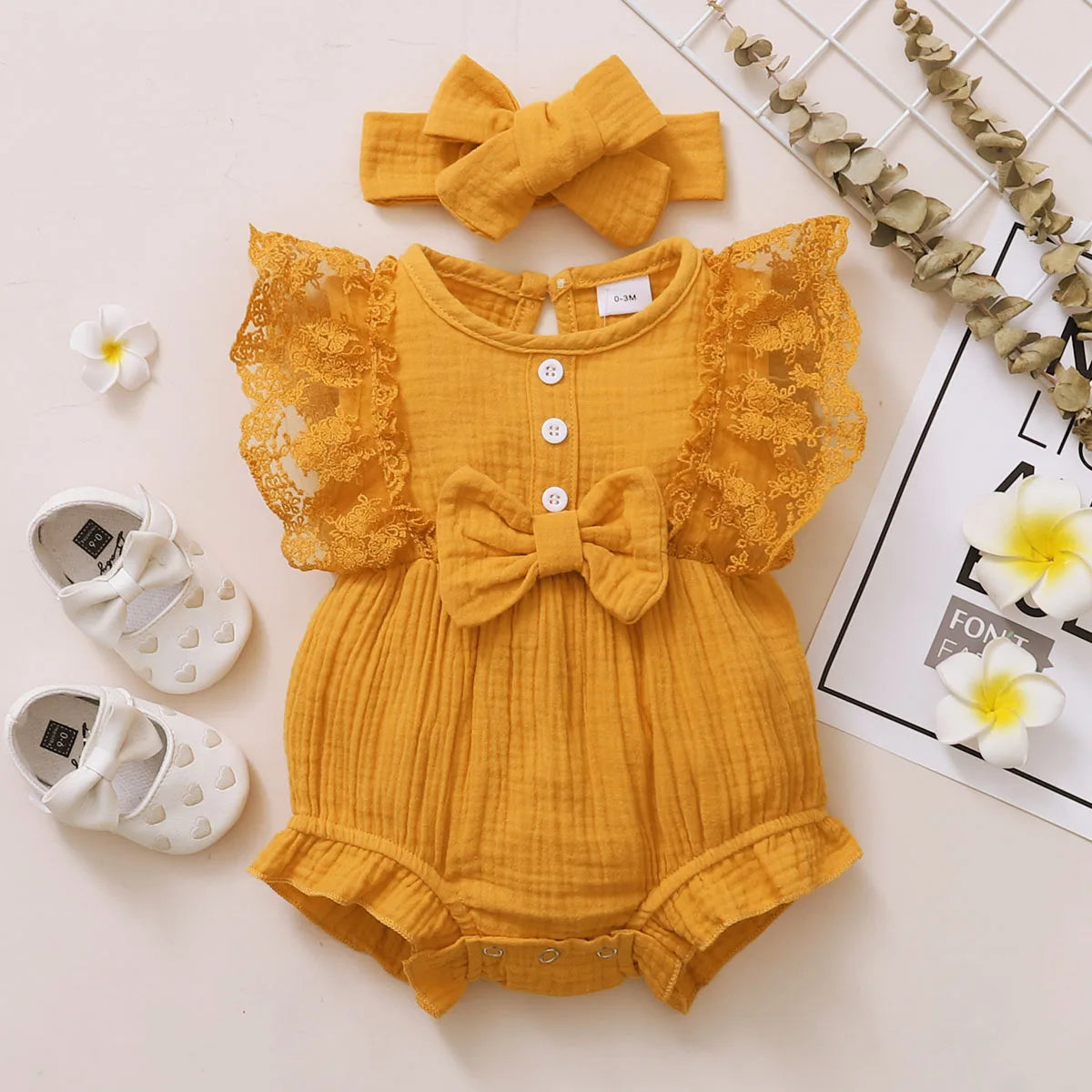 Baby Girl Lace Flared Sleeve Romper Set