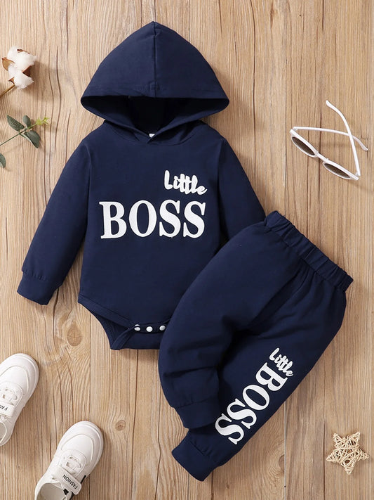 Little Boss Newborn Baby Boy Hooded 2-Piece Sweatsuit