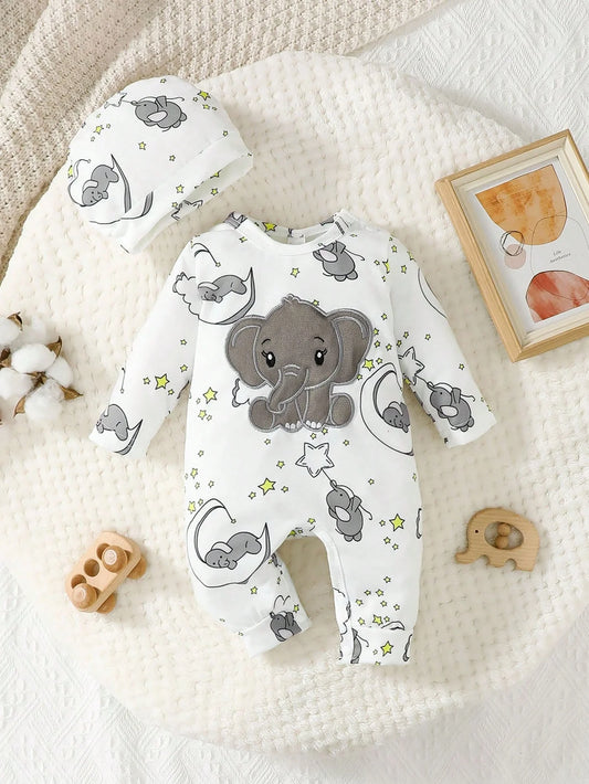 Cartoon Elephant Embroidered Baby Romper with Hat - 2-Piece Set