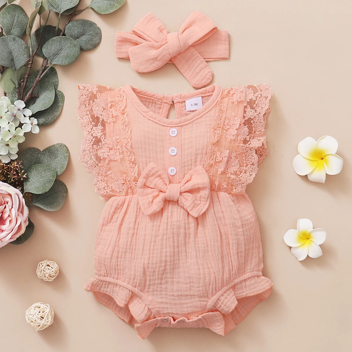 Baby Girl Lace Flared Sleeve Romper Set